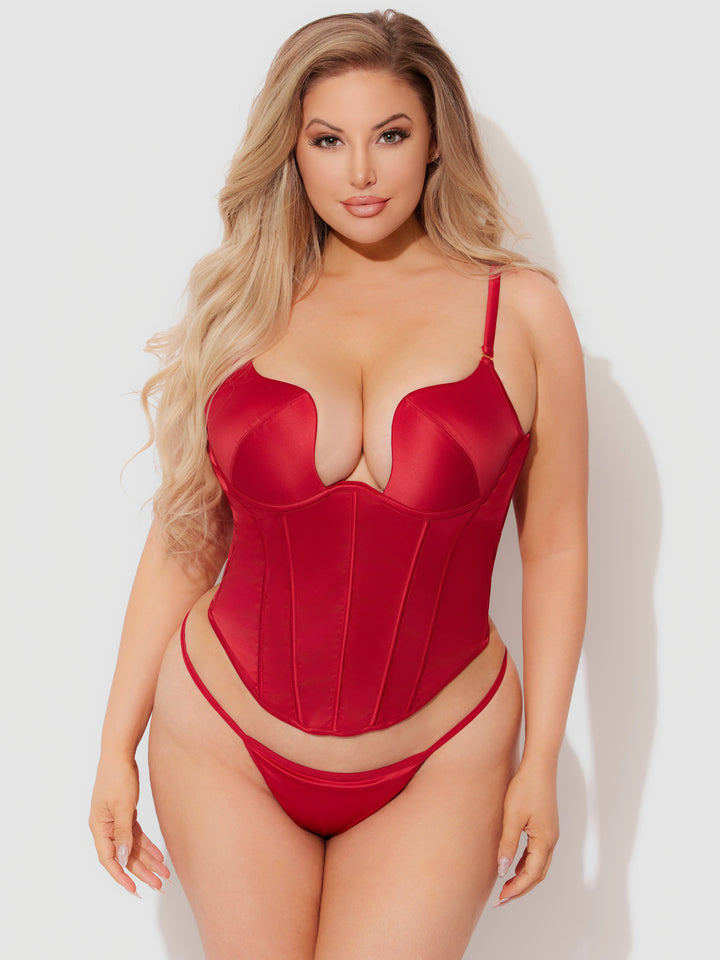 BRIGETA SATIN PLUNGE PUSH UP BUSTIER &amp; G-STRING SET