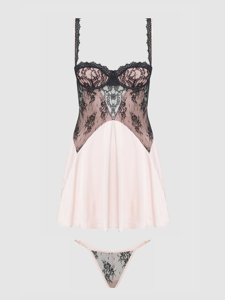 JOCELYN LACE &amp; SATIN BABYDOLL &amp; G-STRING SET