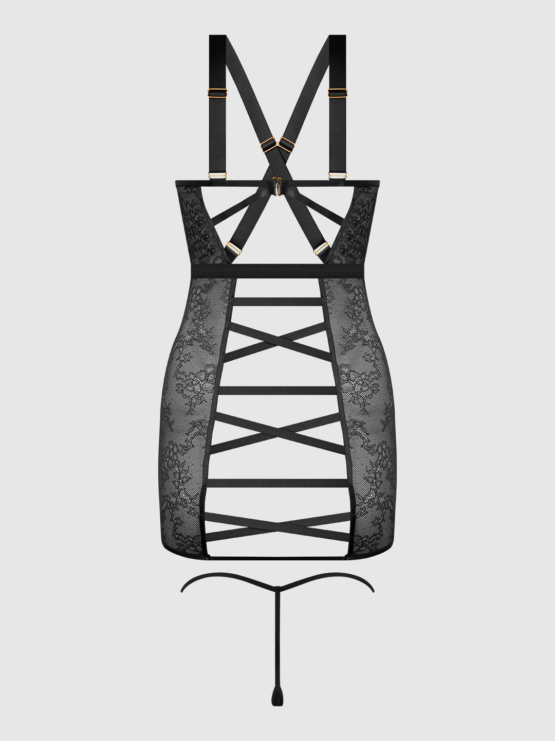 KIKI LACE STRAPPY &amp; BACKLESS CHEMISE &amp; G-STRING SET