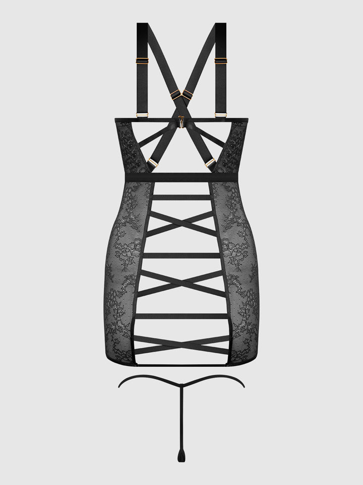 KIKI LACE STRAPPY &amp; BACKLESS CHEMISE &amp; G-STRING SET