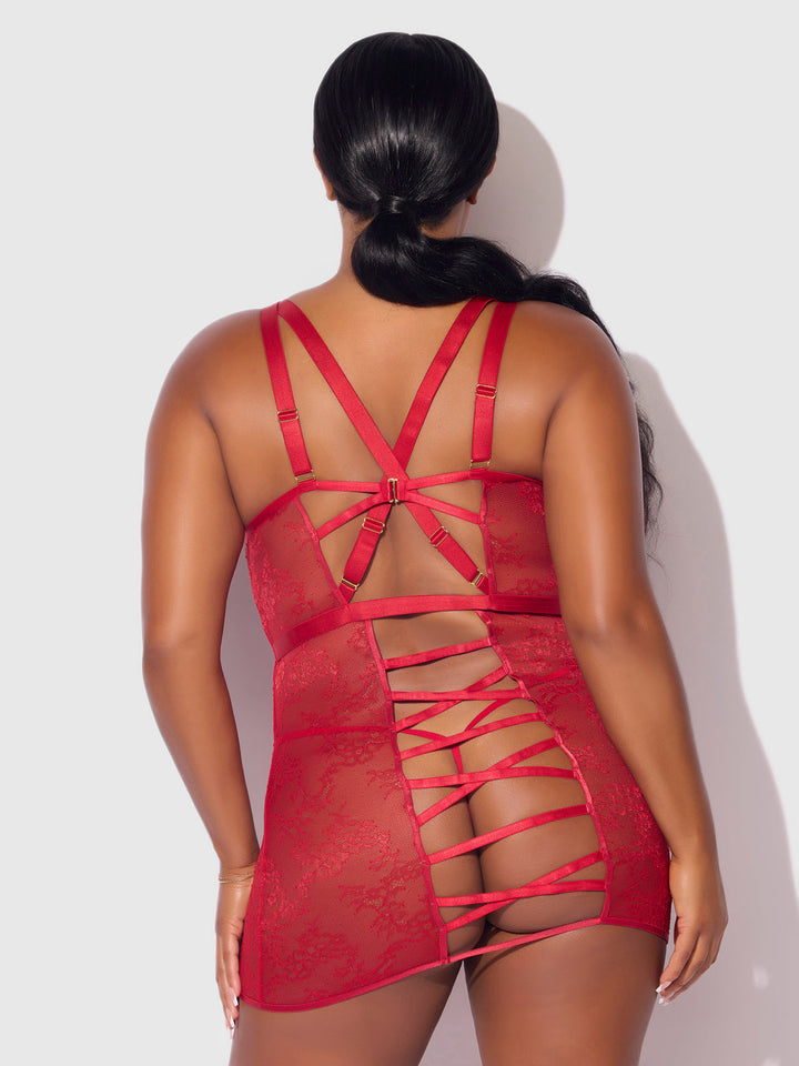 KIKI LACE STRAPPY &amp; BACKLESS CHEMISE &amp; G-STRING SET