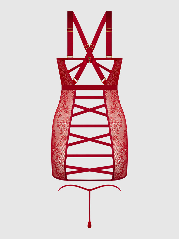 KIKI LACE STRAPPY &amp; BACKLESS CHEMISE &amp; G-STRING SET