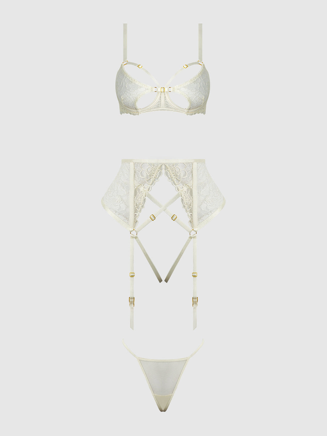 ROSALIE EMBROIDERED LACE OPEN-CUP BRA, GARTER &amp; G-STRING SET