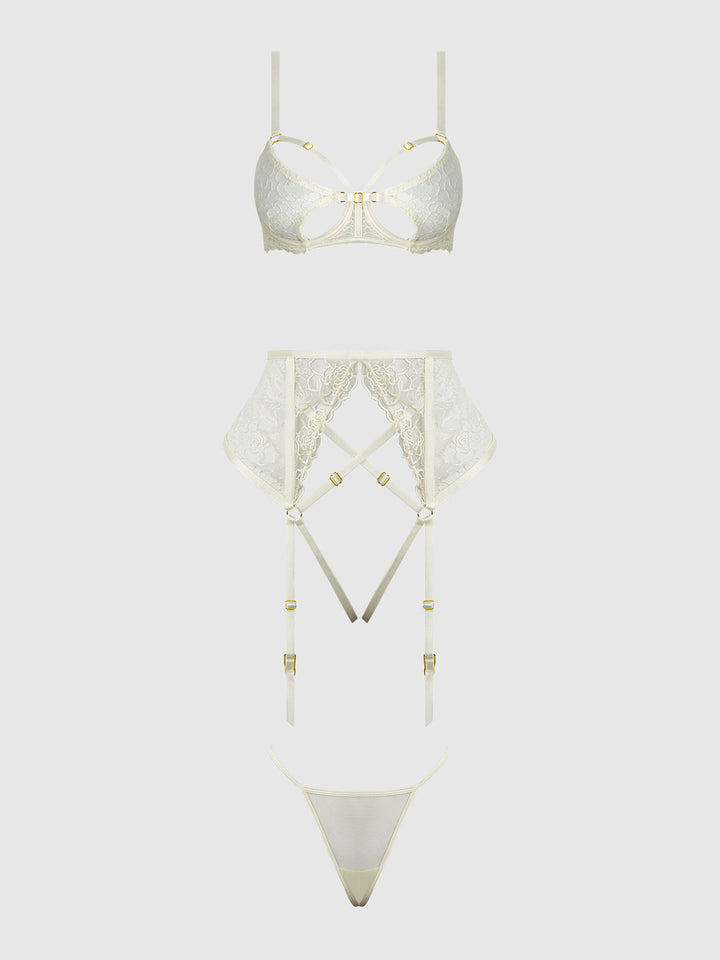 ROSALIE EMBROIDERED LACE OPEN-CUP BRA, GARTER &amp; G-STRING SET