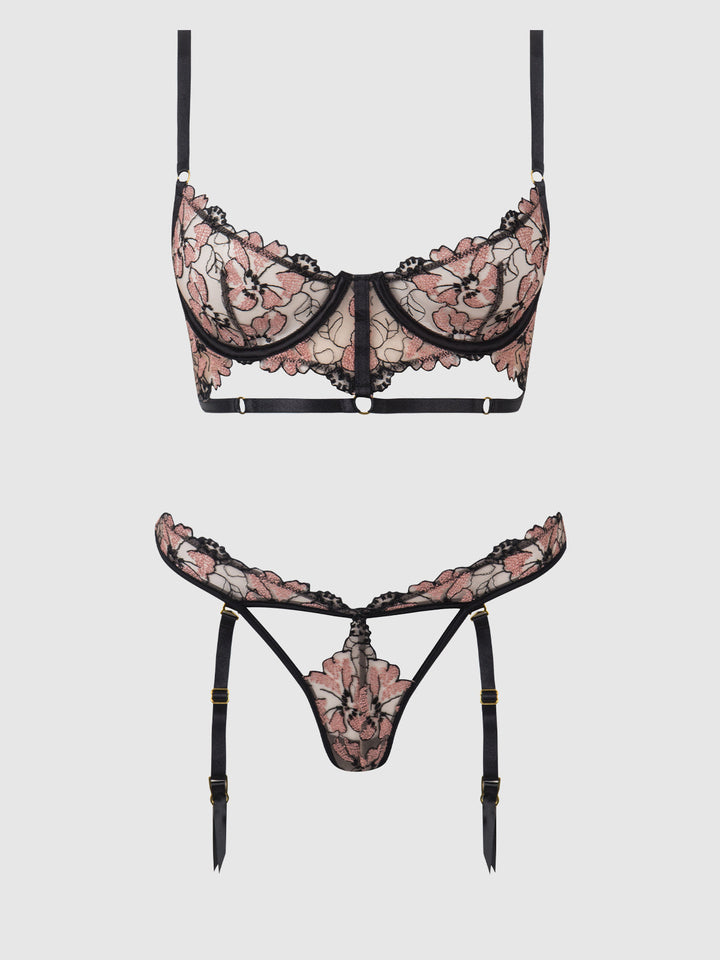 NOVA BLACKLIGHT LACE BRA &amp; GARTERED THONG SET