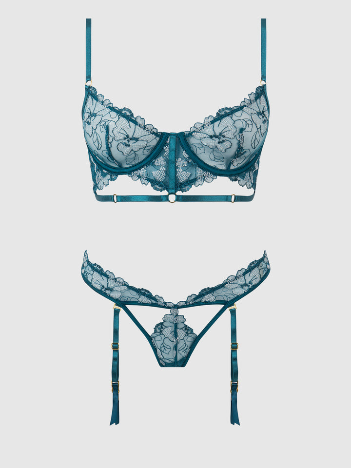NOVA BLACKLIGHT LACE BRA &amp; GARTERED THONG SET