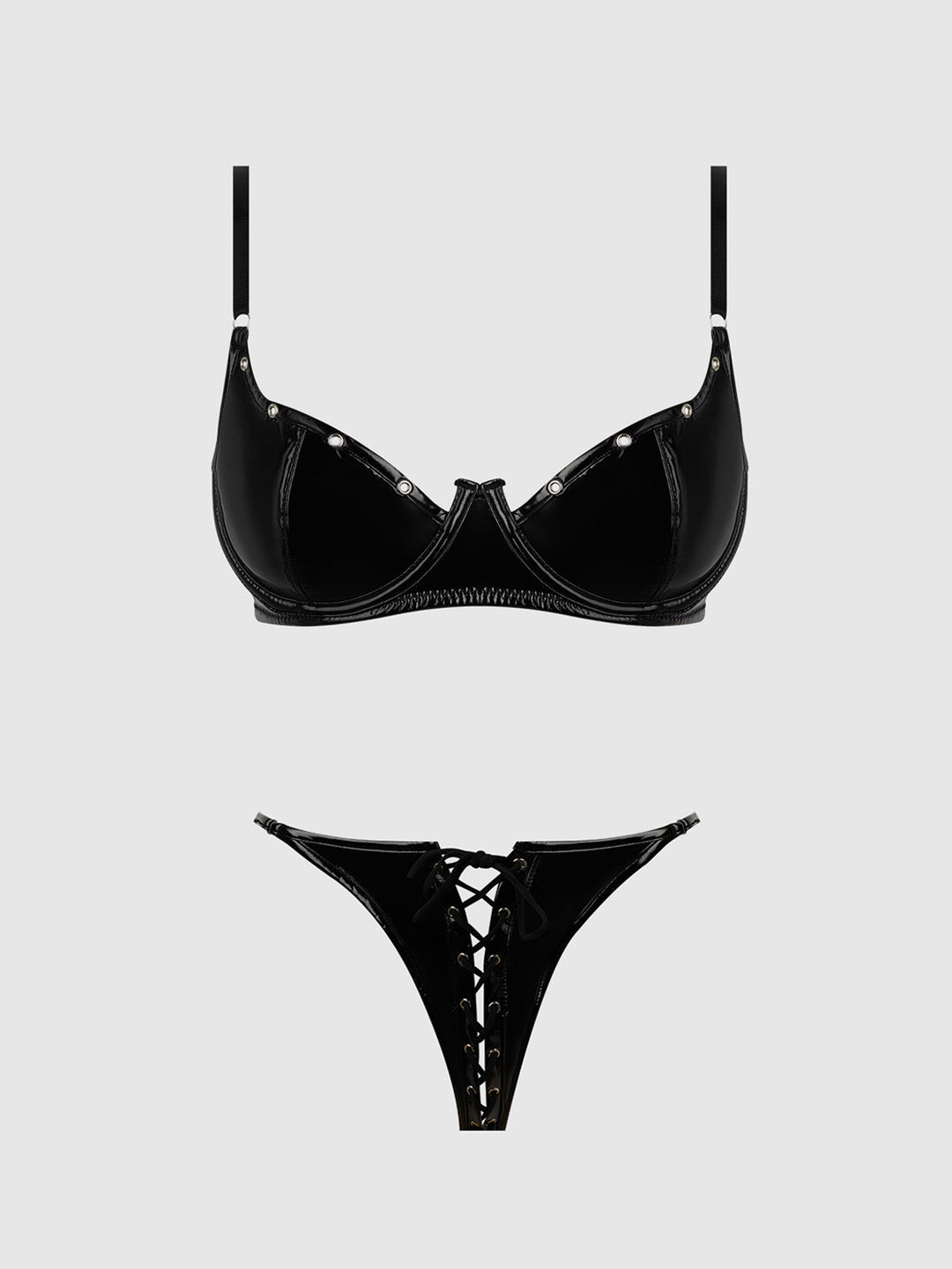 TRINITY PATENT BRA &amp; LACE UP CROTCHLESS PANTY SET