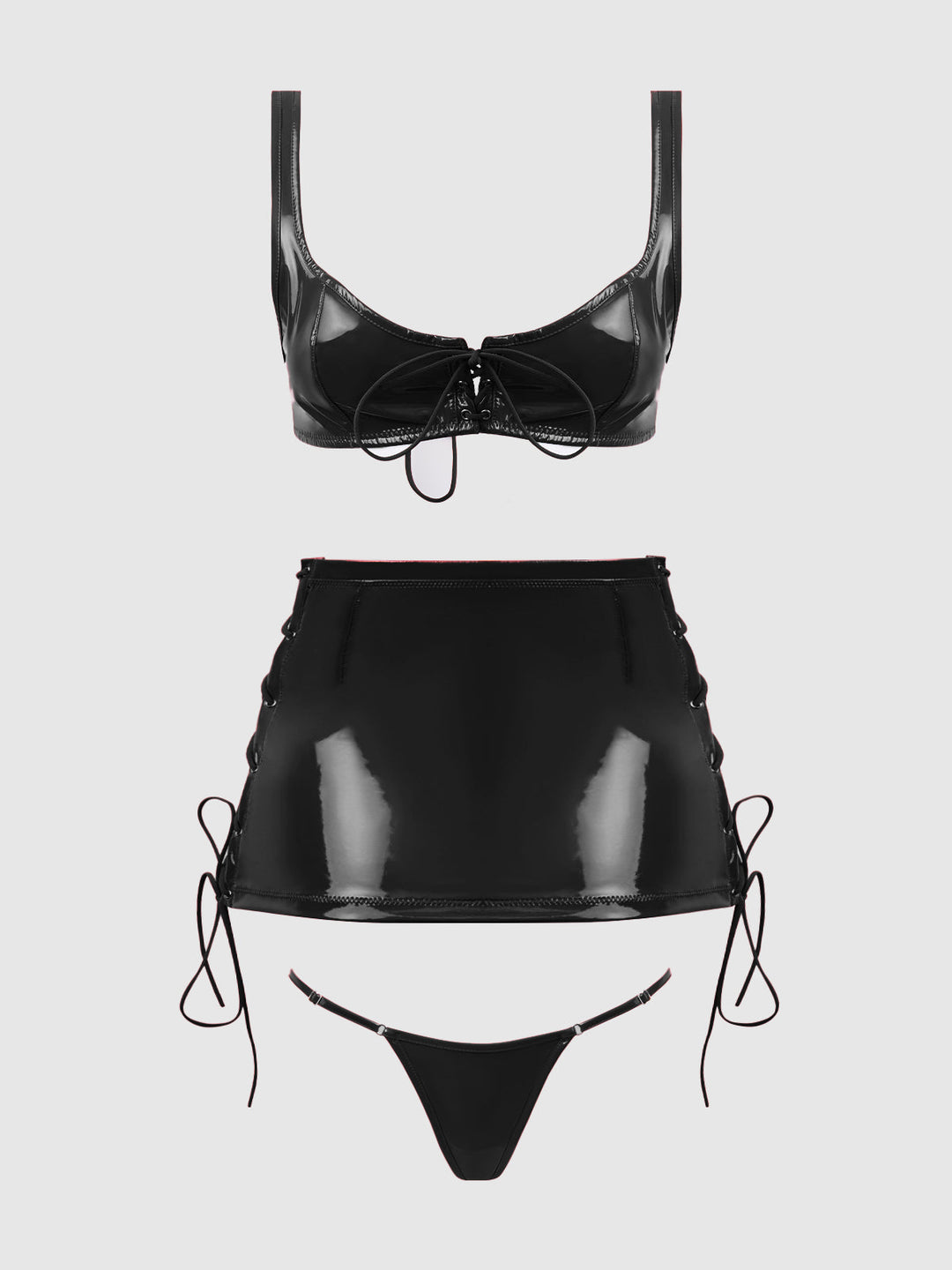 TRINITY PATENT LACE UP BRALETTE, SKIRT &amp; G-STRING SET