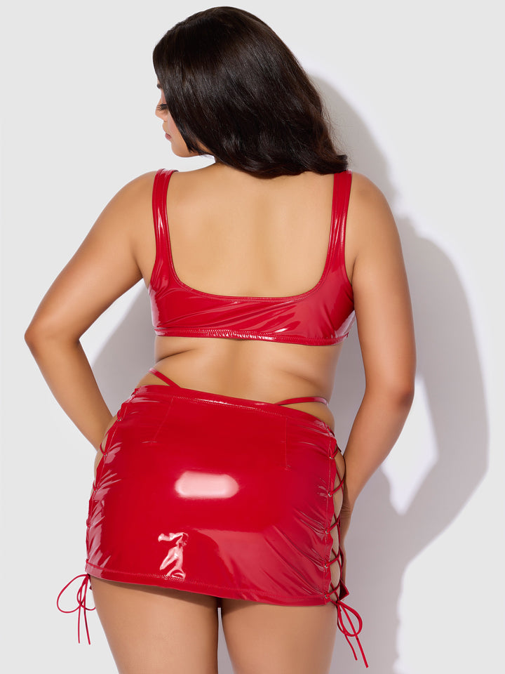 TRINITY PATENT LACE UP BRALETTE, SKIRT &amp; G-STRING SET