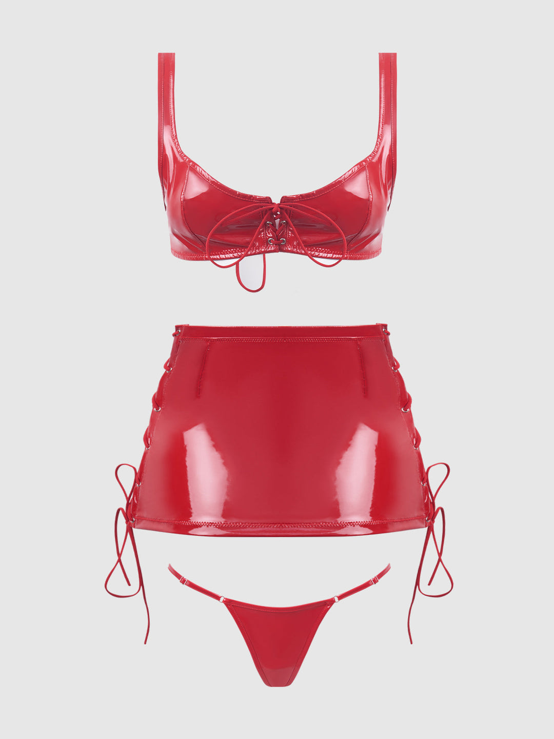 TRINITY PATENT LACE UP BRALETTE, SKIRT &amp; G-STRING SET