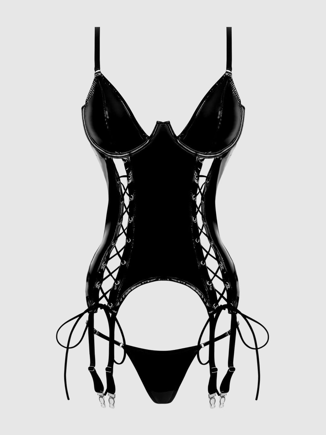 TRINITY PATENT LACE UP BUSTIER &amp; G-STRING SET