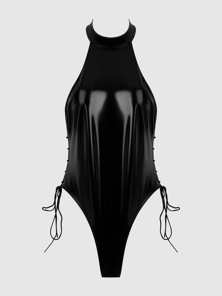 TRINITY PATENT LACE UP HALTER TEDDY