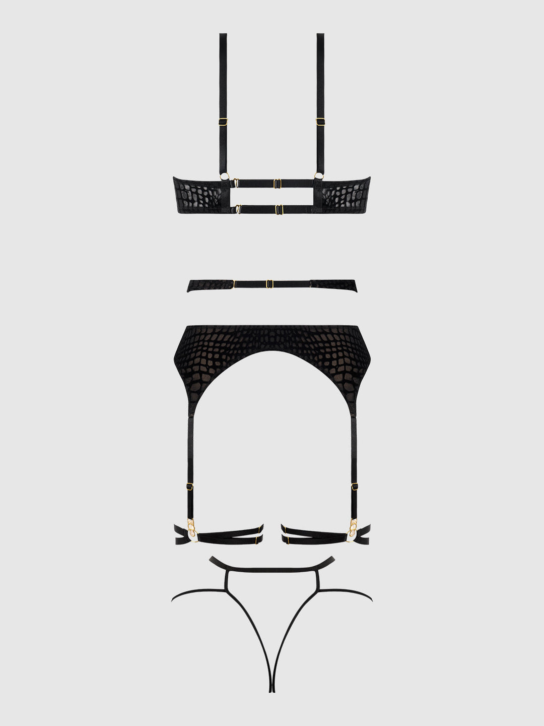 SNAKE VELVET-BURNOUT MESH BRA, GARTER, &amp; BACKESS HIPSTER SET