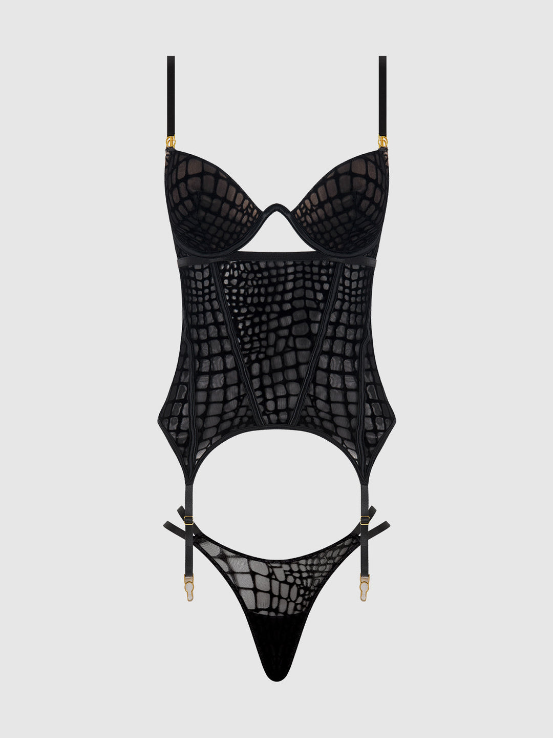 SNAKE VELVET-BURNOUT MESH BUSTIER &amp; THONG SET