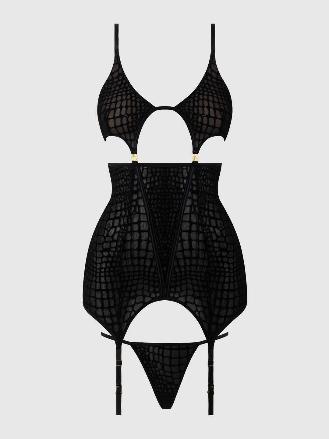 SNAKE VELVET-BURNOUT MESH CHEMISE &amp; G-STRING SET