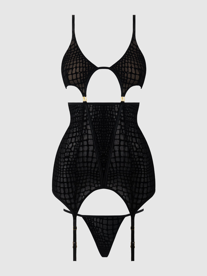 SNAKE VELVET-BURNOUT MESH CHEMISE &amp; G-STRING SET