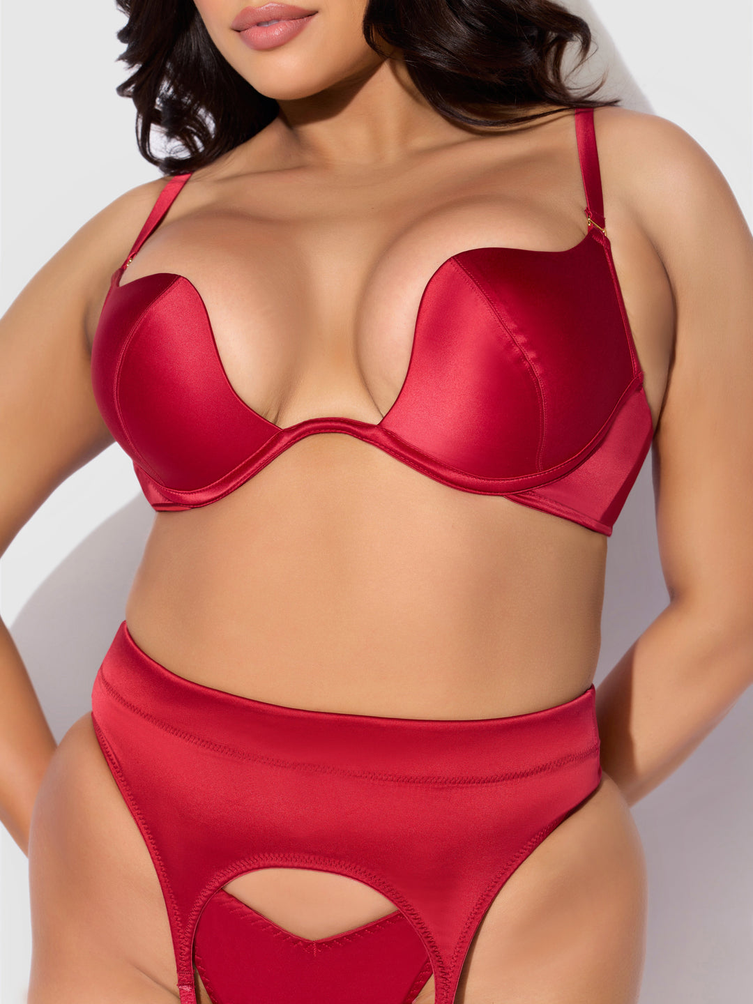 BRIGETA SATIN DEEP PLUNGE PUSH UP BRA, GARTER &amp; THONG SET