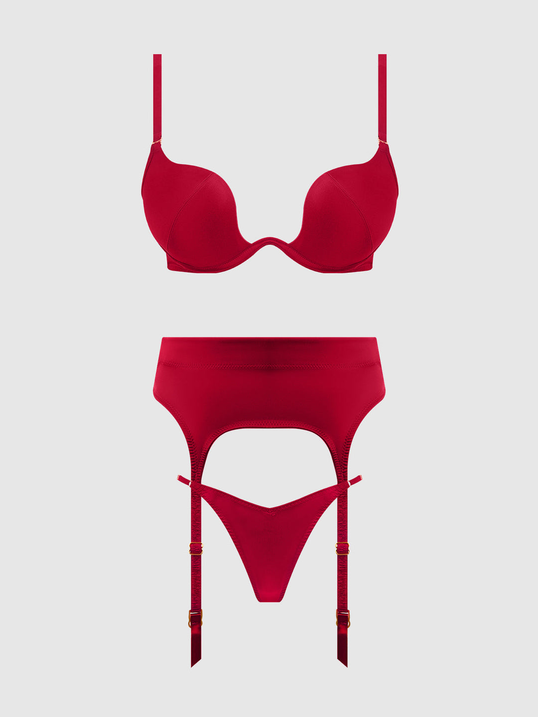 BRIGETA SATIN DEEP PLUNGE PUSH UP BRA, GARTER &amp; THONG SET