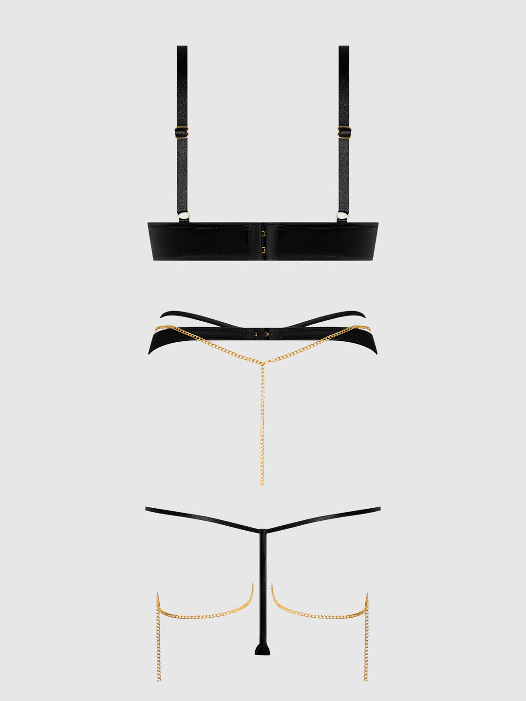 EVANGELINE SATIN &amp; CHAIN BRA, THIGH GARTER &amp; G-STRING SET