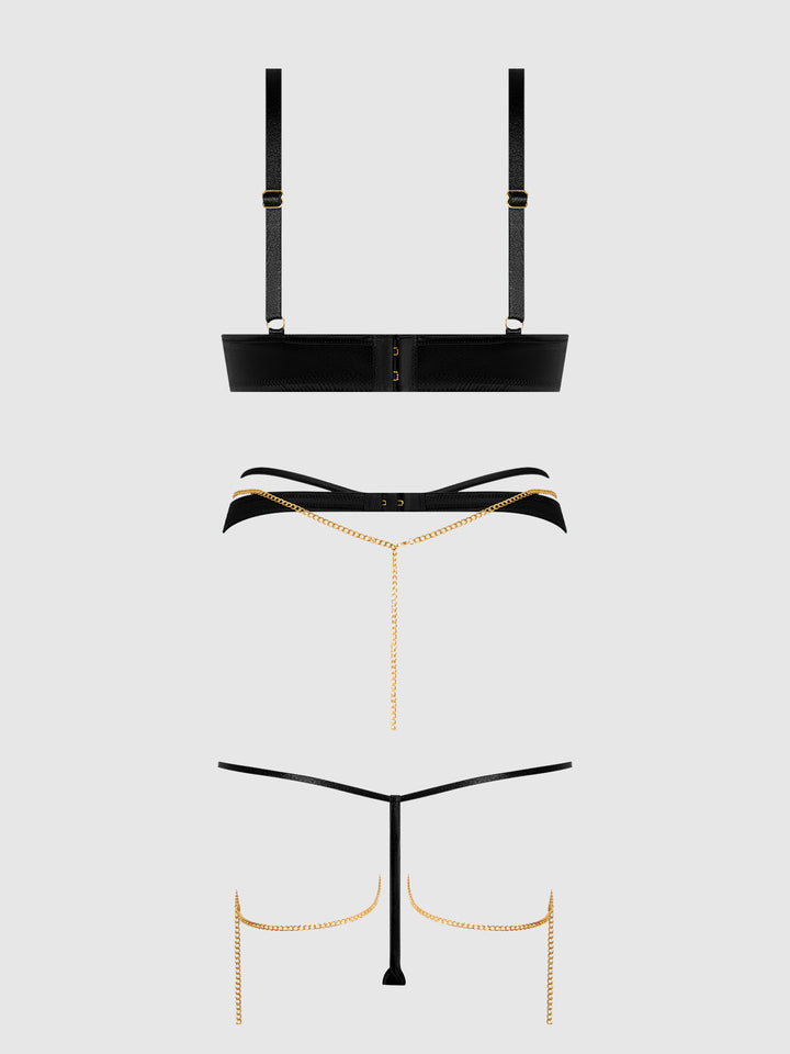 EVANGELINE SATIN &amp; CHAIN BRA, THIGH GARTER &amp; G-STRING SET