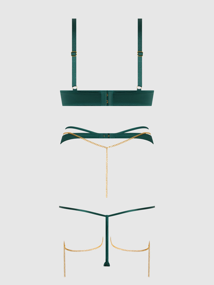 EVANGELINE SATIN &amp; CHAIN BRA, THIGH GARTER &amp; G-STRING SET