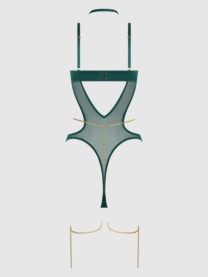 EVANGELINE SATIN &amp; CHAIN HALTER TEDDY