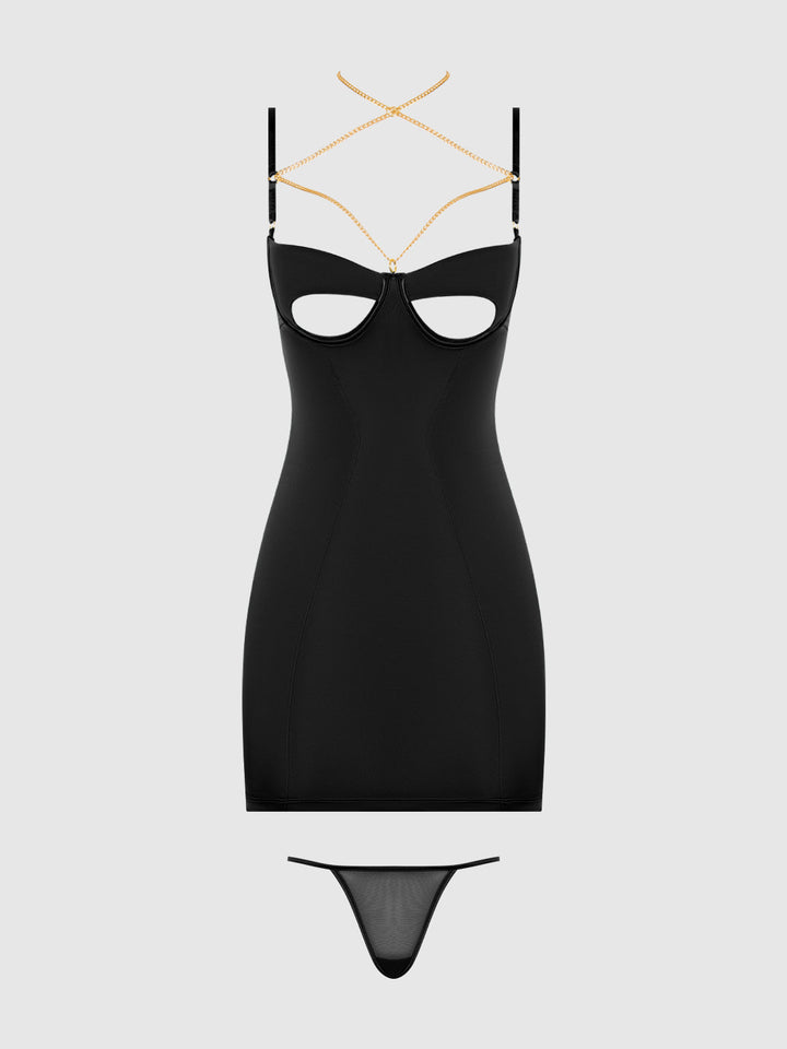 EVANGELINE SATIN &amp; CHAIN CUTOUT CUP &amp; OPEN BACK CHEMISE SET