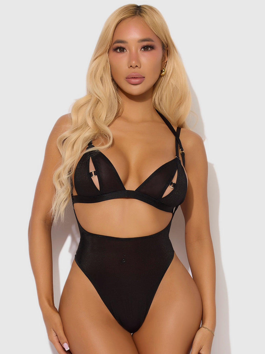 YASMINE SHIMMER MESH SLIT CUP, BACKLESS TEDDY &amp; BRALETTE SET
