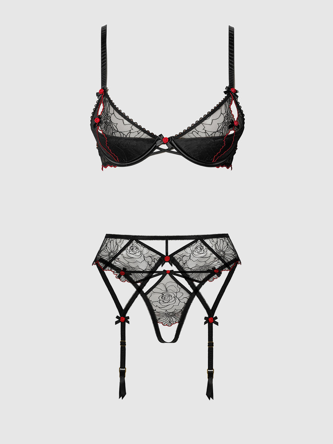 ILENA EMBROIDERED TULLE BRA, GARTER &amp; CROTCHLESS BIKINI