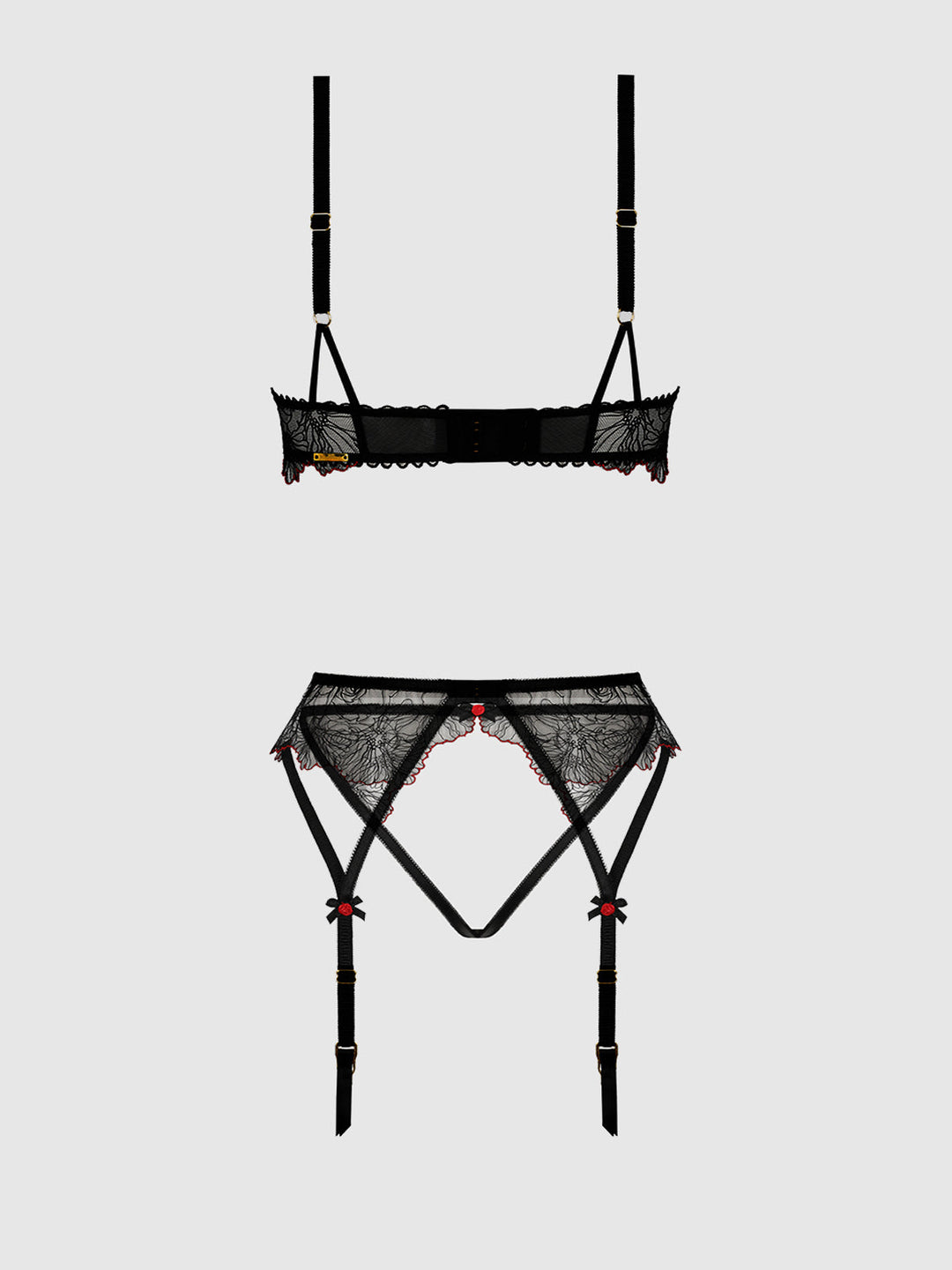 ILENA EMBROIDERED TULLE BRA, GARTER &amp; CROTCHLESS BIKINI