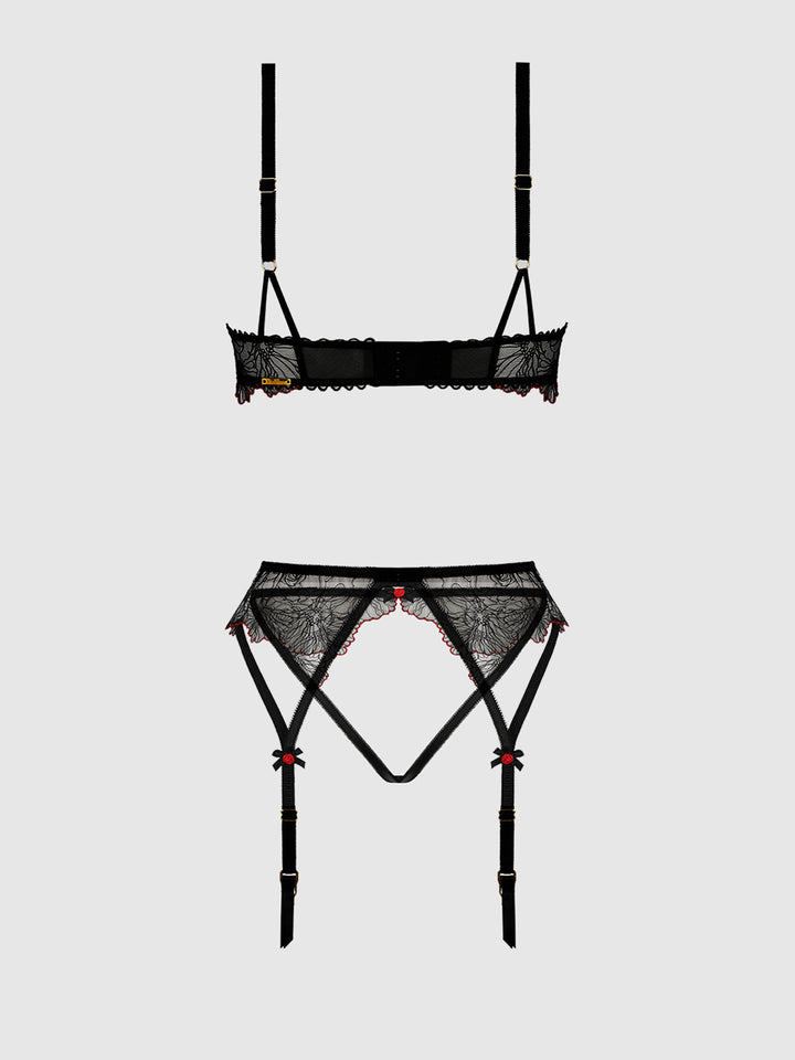 ILENA EMBROIDERED TULLE BRA, GARTER &amp; CROTCHLESS BIKINI