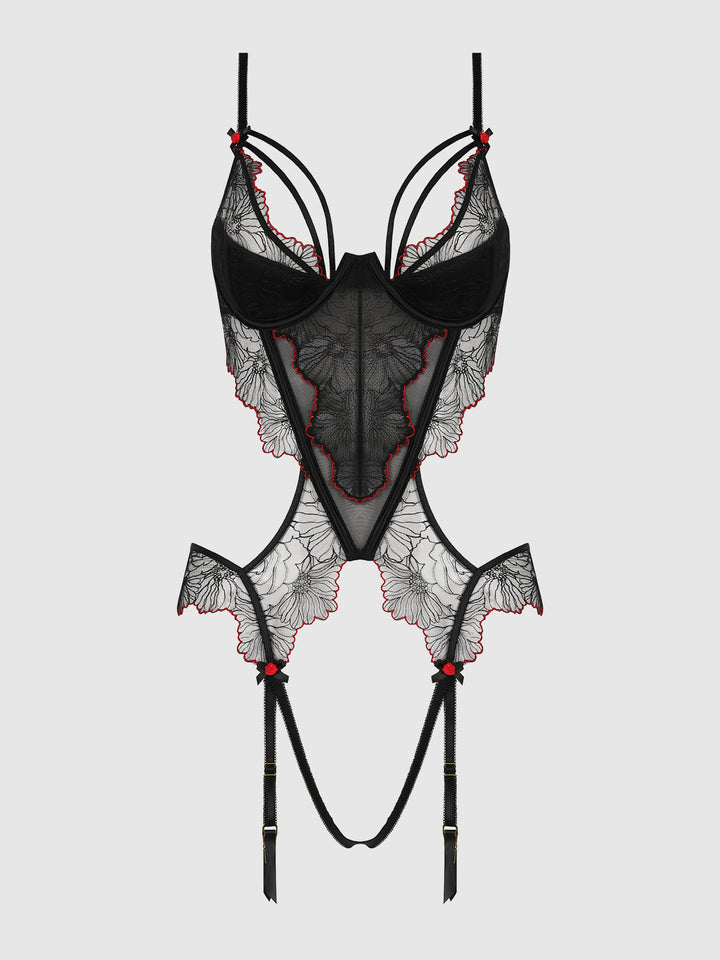 ILENA EMBROIDERED TULLE CROTCHLESS &amp; OPEN BACK TEDDY