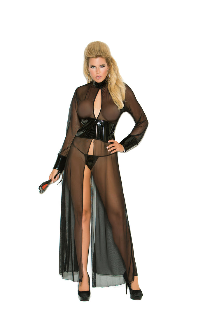 Mesh And Vinyl Long Sleeve Gown With Adjustable Hook And Eye Back Closure, Matching G-string Included