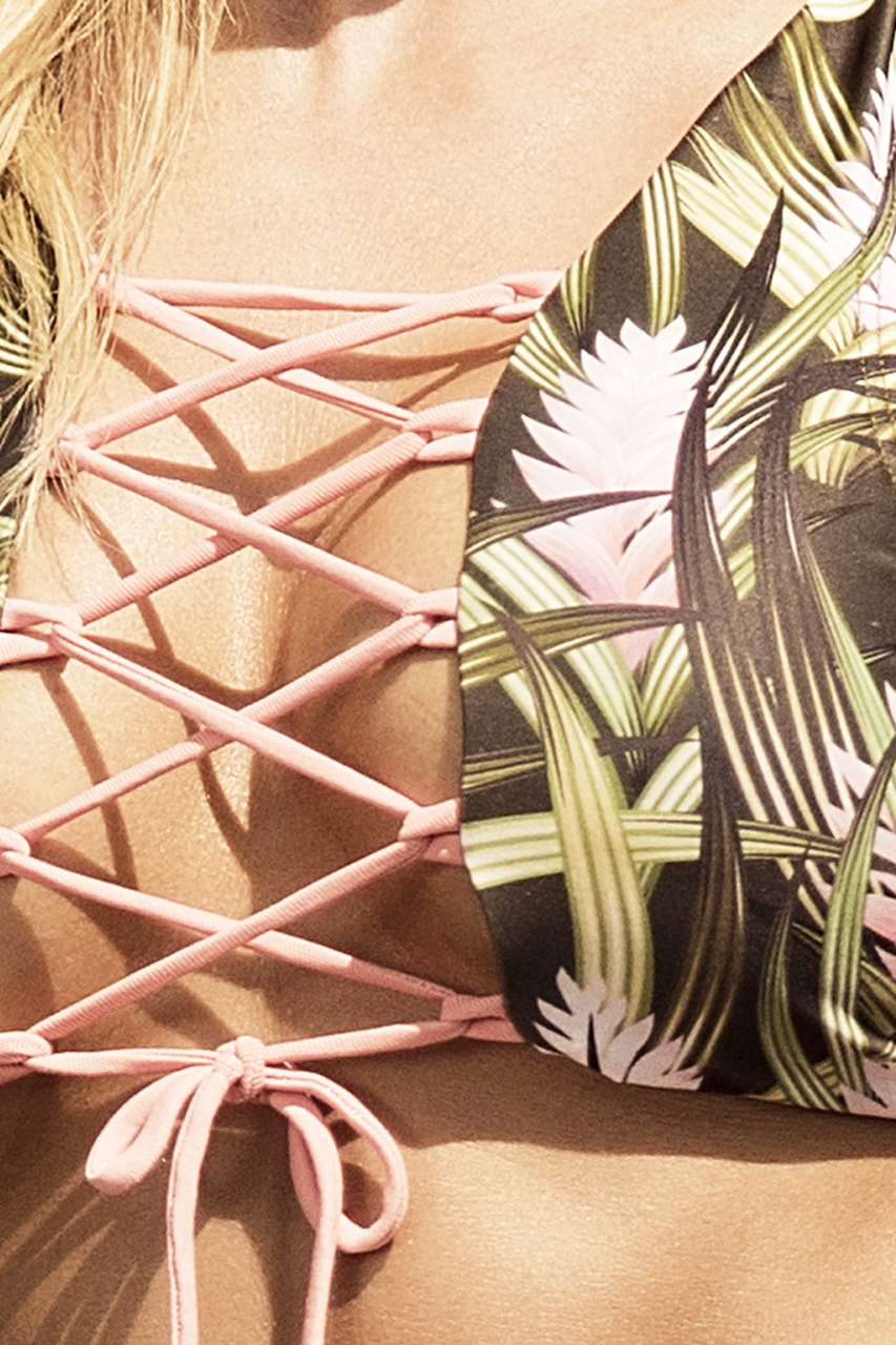 Shop this women's palm print two piece bikini with pink lace up front