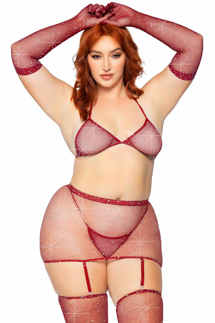 Plus Size Rhinestone Fishnet Bra and Skirt Set