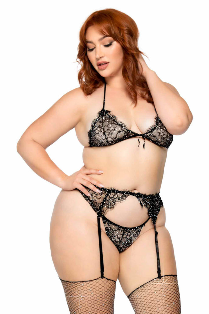 Plus Size White Rhinestone Eyelash Lace Bra Set